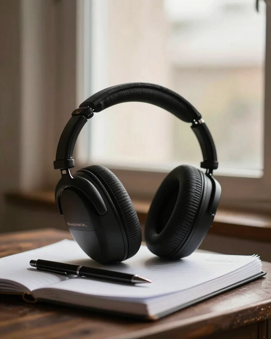 Fones de ouvido sobre um caderno aberto com caneta, luz natural s